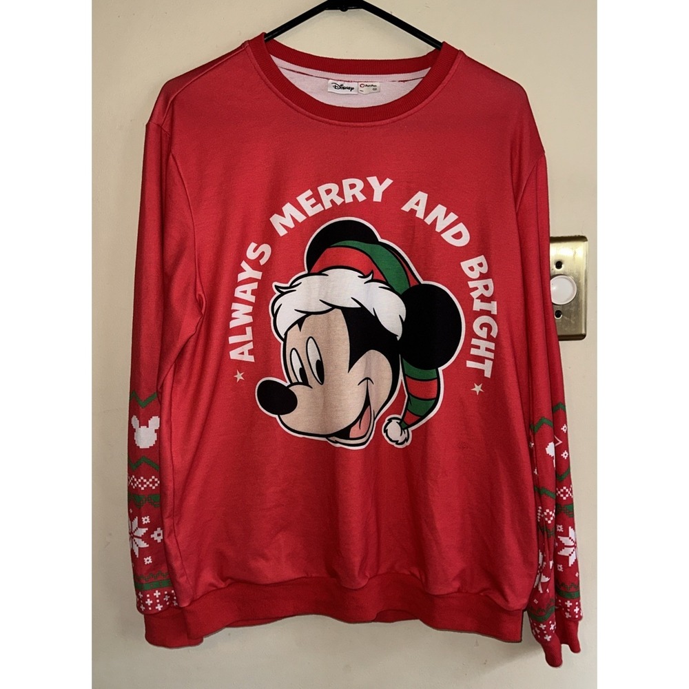 MICKEY MOUSE W/SANTA HAT DISNEY LONG SLEEVE RED SWEATSHIRT SIZE Medium